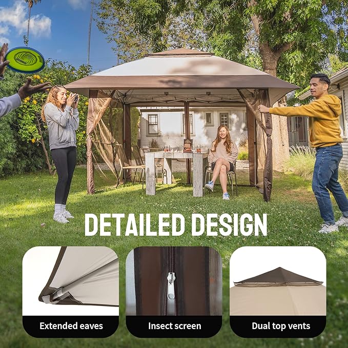 CROWN SHADES 11x11 Pop Up Gazebo, Patented One Push Outoor Canopy Tent with Wheeled STO-N-Go Cover Bag, Pop Up Canopy with Netting for Patio, Backyard (11x11, Beige & Coffee)