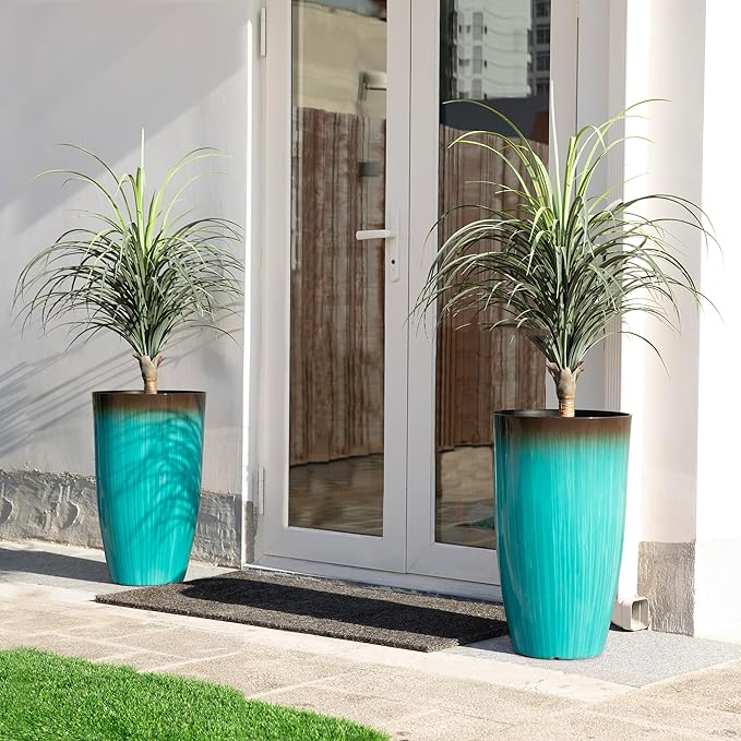 Glitzhome 23.5" H Tall Outdoor Planter, Set of 2 Large Tall Planters with Gradient Turquoise Faux Ceramic Finish, Large Flower Pots for Porch Garden Patio Indoor All Season Decor,with Drainage Holes