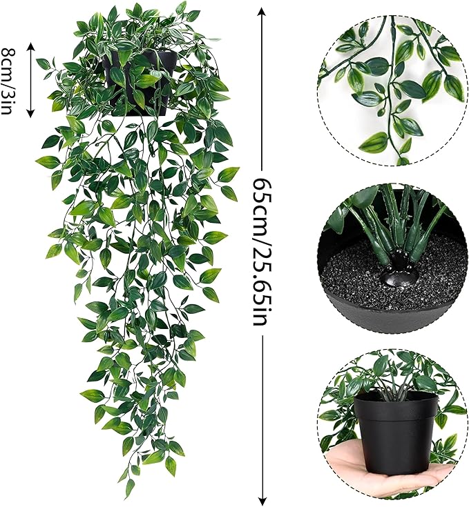Waipfaru 2Pcs Fake Hanging Plants with Pot Deep Green Eucalyptus Leaves UV Resistant Fake Vines Ivy Artificial Plants Outdoor Faux Plants Indoor Bedroom Living Room Boho Wall Porch Shelf Decor