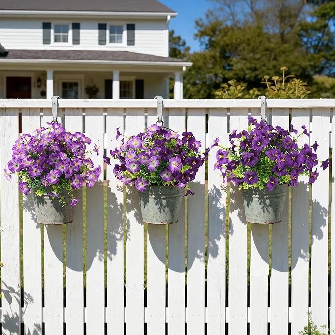INQCMY Artificial Flowers for Outdoors Fake Plants Spring Decoration, 12 Bundles Faux Petunias UV Resistant Realistic Silk Flower for Outside Planters Patio Porch Yard Window Box (Double Purple)