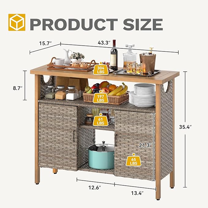 DWVO XL Patio Storage Cabinet, Wicker Outdoor Bar Table with Wood Top,Adjustable Shelves, Patio Sideboard for Outdoor Buffet,Yard, Garden, Kitchen (Brown)