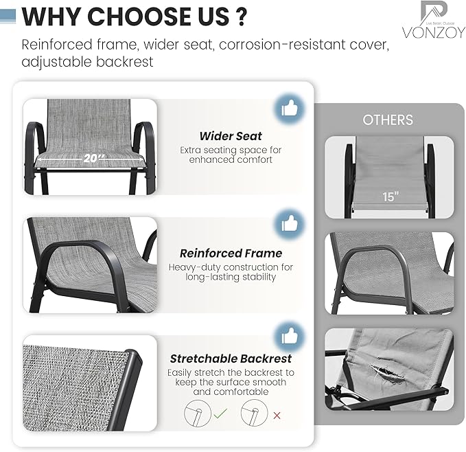 Patio Dining Chairs Set of 8, Outdoor High Stacking Chairs，Breathable Seat Fabric and Alloy Steel Frame for Backyard, Porch, Garden, Sunroom (Light Grey)
