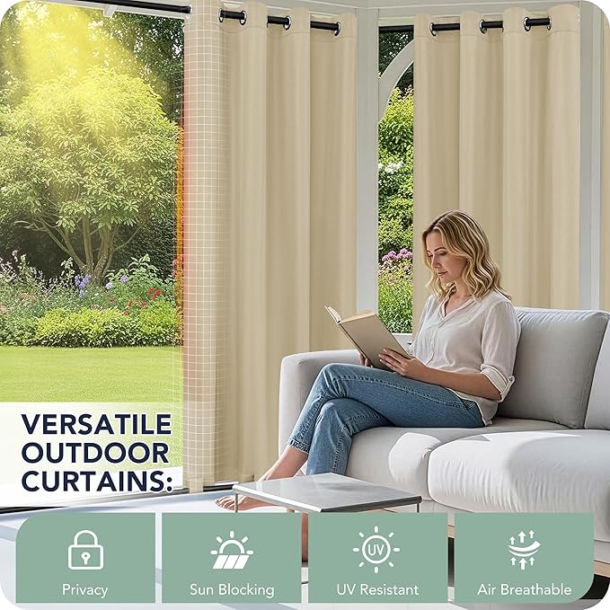 Outdoor Curtains for Patio Waterproof 6 Panels - Windproof, Privacy, Weatherproof Outside Drapes for Gazebo Pergola Porch, Grommet Top and Tab Bottom, 54x108 Inch, Cream