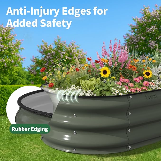 Kesfitt Raised Garden Bed, 4x2x1 FT Galvanized Steel Metal Raised Garden Bed, Oval Open-Bottom Design, 12-Inch Deep for Outdoor Vegetable & Herb Gardening, Volcanic Gray
