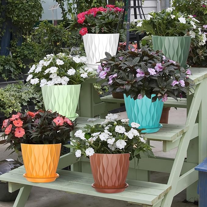 6 Pack 6 Inch Indoor Plant Pots with Drainage Holes, Outdoor Plastic Decorative Flower Pots, Garden Planters with Tray Saucers for Orchids, Violets, Succulents, Herbs, and Other Plants