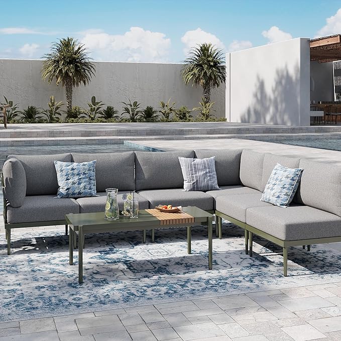 Sundale Outdoor 7 Pieces Metal Patio Furniture Set, Outdoor Sectional Sofa with 6 Inch Olefin Cushion, Modern Outdoor Conversation Sets for Backyard, Poolside, Sunroom