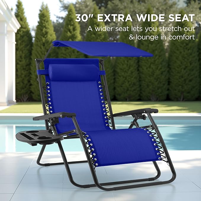 Best Choice Products 30” Wide Folding Zero Gravity Outdoor Recliner Patio Lounge Chair w/Adjustable Canopy Shade, Headrest, Side Accessory Tray - Cobalt Blue