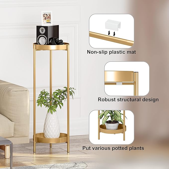 Metal Gold Tall Plant Stand Indoor or Outdoor - 30 inch 2 Tier Modern Corner Planter Shelf Rack with 2 Removable Display Shelves(10 inch) for Bedroom Living Room Balcony