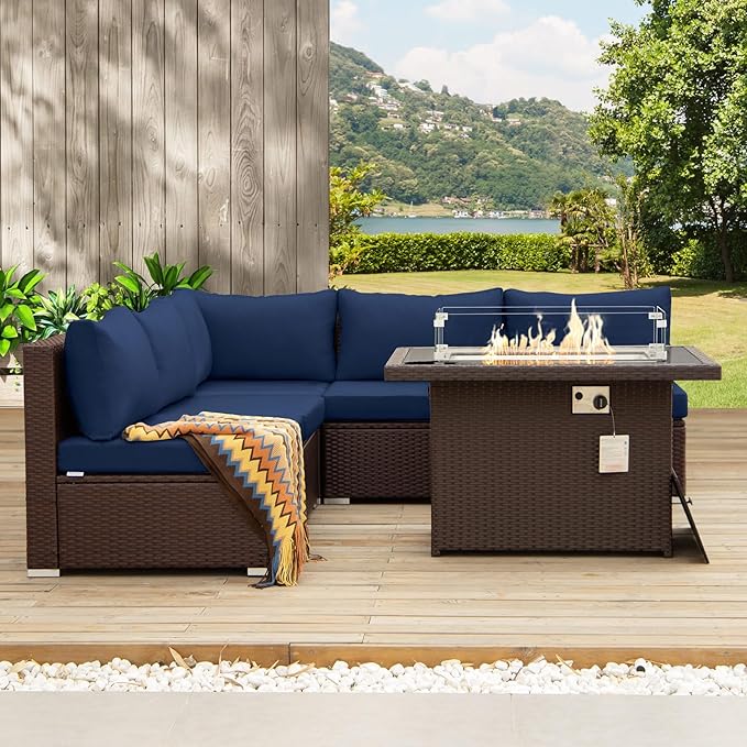 NICESOUL 6 Piece L-Shaped Outdoor Couch with Fireplace Natural Gas/Propane, 29.3'' High Back Wide Seat Patio Conversations for Outside, Oversized Comfy Sectional Furniture Set, Brown/Blue