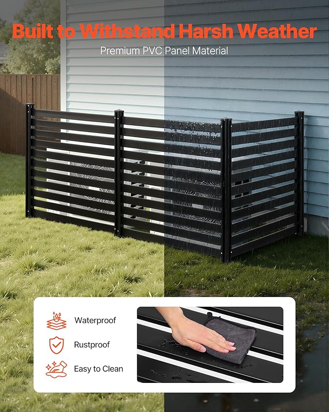 VEVOR 3 Panels Outdoor Privacy Screen, 50 x 48 in Air Conditioner Fence with 27.6 in Ground Stakes, Pool Equipment Enclosure, Vinyl Privacy Fence, Ideal for Trash Can and A/C Units, Black