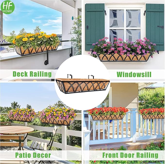 HFHOME 24 inch Window Deck Rail Planter Including Coco Liner, 24" Dia Window Box Horse Trough with Coconut Coir Liners, Black Metal Hanging Flower Planter Basket for Indoor Outdoor Lawn - Set of 2