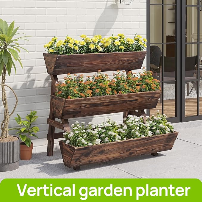 3-Tiers Wooden Raised Garden BedPlanter Box Gardening Outdoor Planter Box Patio Kit Tiered Planter Box Vertical Garden Planter Wood Plant Stand for Patio, Balcony, Freestanding (Carbonized L)