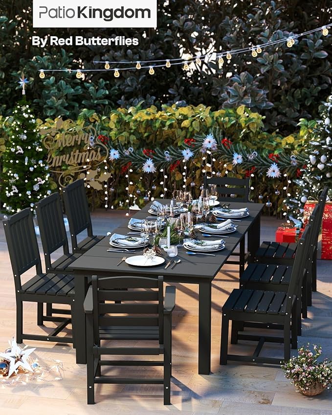 7-Piece Black Outdoor Dining Set with White 15FT Large Patio Umbrella, 75.2'' HDPE Table & Chairs for 6, Weather-Resistant Furniture with Umbrella Hole for Patio, Lawn, Poolside