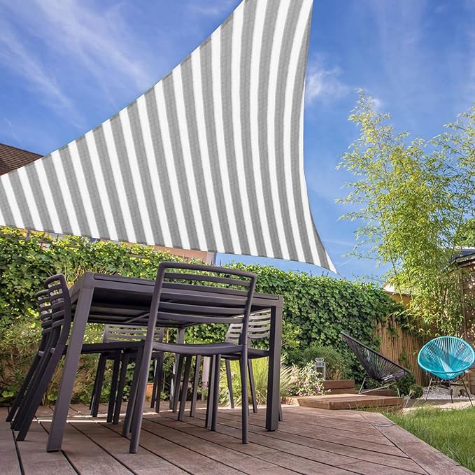 E&K Sunrise 13' x 13' x 13' Sun Shade Sail Triangle Canopy Shade Cover UV Block for Patio Backyard Garden Outdoor (Gray White Strip)