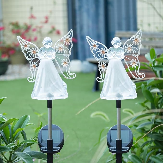Solar Angels for Cemetery Grave Sympathy Memorial Remembrance Gift Solar Angels for Outside as Yard Decorations Lawn Ornaments Solar Garden Decor, Angel Gifts for Women 2 Pack (Pink Flower)