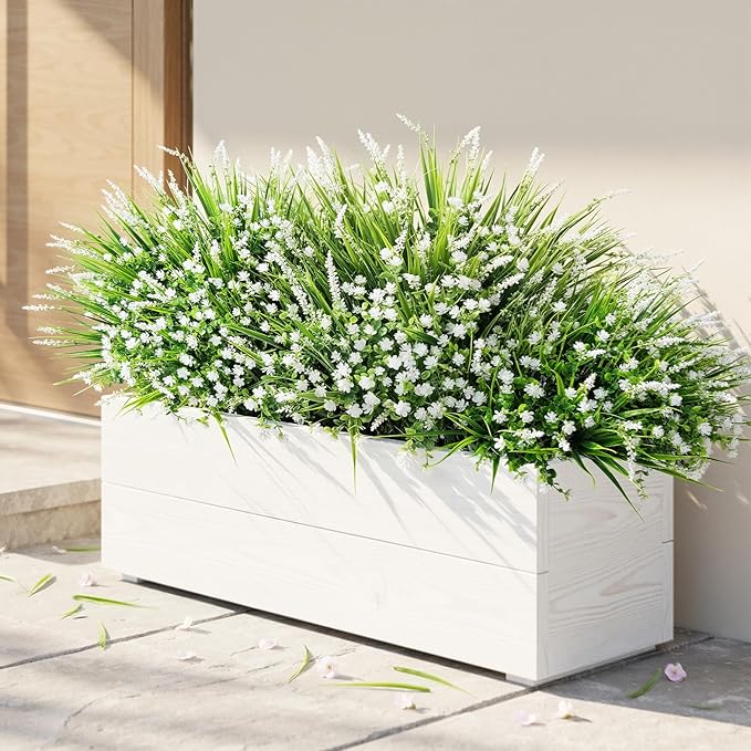 HyeFlora 20 Bundles Artificial Fake Outdoor Plants Flowers for Spring Decoration, UV Resistant Realistic White Plastic Flowers Faux Plant Monkey Grass for Planter Home Garden Porch Patio Window Box