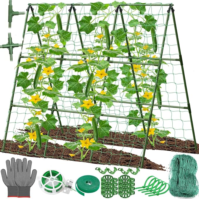 Cucumber Trellis for Raised Bed, 50x 54 inch A-Frame Garden Trellis for Climbing Plants Outdoor, Metal Arch Trellis with Netting, Vegetables Trellis for Grape Pea Bean