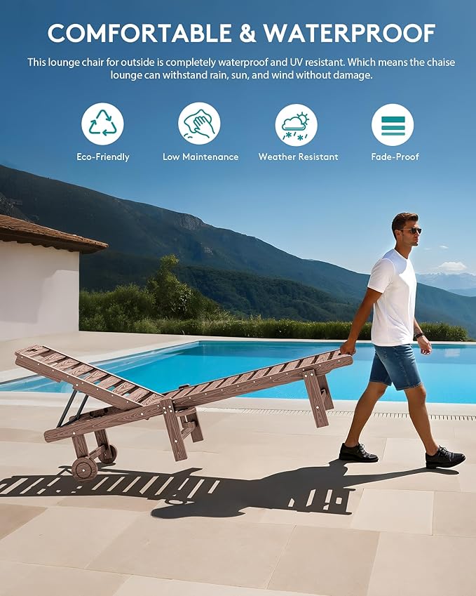 SERWALL Outdoor Chaise Lounge Set of 6, HDPE Pool Lounge Chair with 5-Position Adjustable Backrest, Patio Lounger with Rolling Wheels & Cup Holder for Pool, Brown