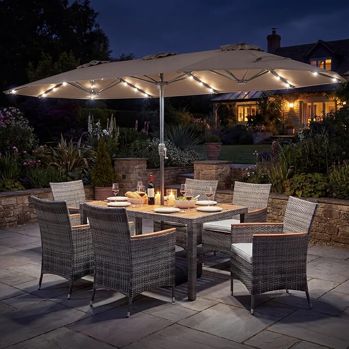 Tangkula 9 Pieces Rattan Outdoor Dining Set with 13Ft Solar Patio Umbrella for 6, Outdoor Wicker Table Set with 8 Cushioned Chairs, Acacia Wood Top, Outdoor Umbrella with Base Included