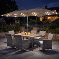 Tangkula 9 Pieces Rattan Outdoor Dining Set with 13Ft Solar Patio Umbrella for 6, Outdoor Wicker Table Set with 8 Cushioned Chairs, Acacia Wood Top, Outdoor Umbrella with Base Included