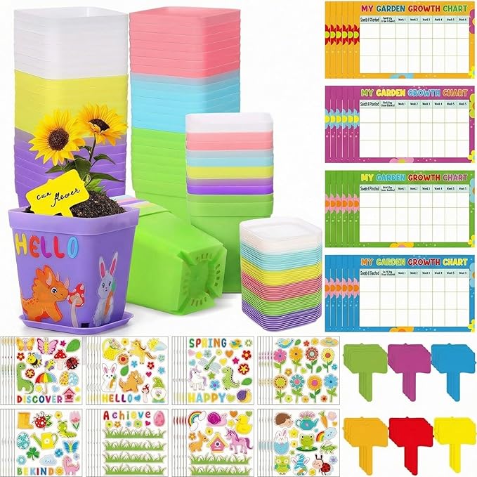 Capoda 48 Sets Garden Flower Pots Crafts Kit DIY Spring Plastic Seedling Nursery Pots with Stickers Plant Labels Growth Charts Planting Growing Tools Classroom Activities Project Gifts (Square)