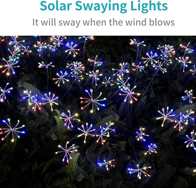 JJGoo Solar Garden Lights, New Upgraded 2 Pack Solar Swaying Starburst Light, Waterproof Fireworks Outdoor Lights, Yard Patio Pathway Decoration, Colorful