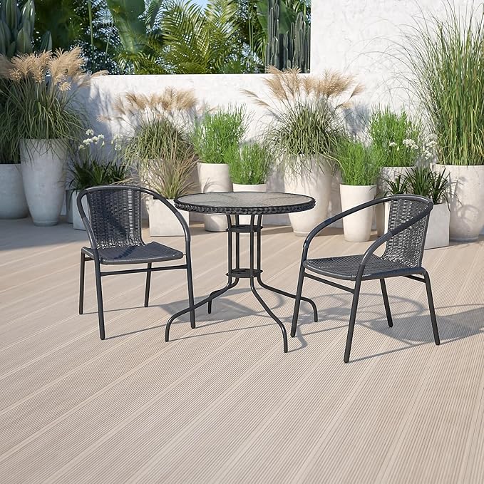 Flash Furniture Lila 28'' Round Glass Metal Table with Black Rattan Edging and 2 Black Rattan Stack Chairs