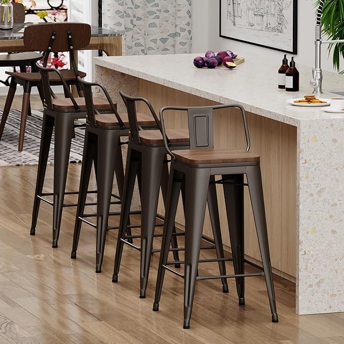 Yongchuang 26 inch Bar Stools Set of 4 Industrial Kitchen Counter Height Barstools with Wood Seat Metal Low Back Bar Chairs Gunmetal