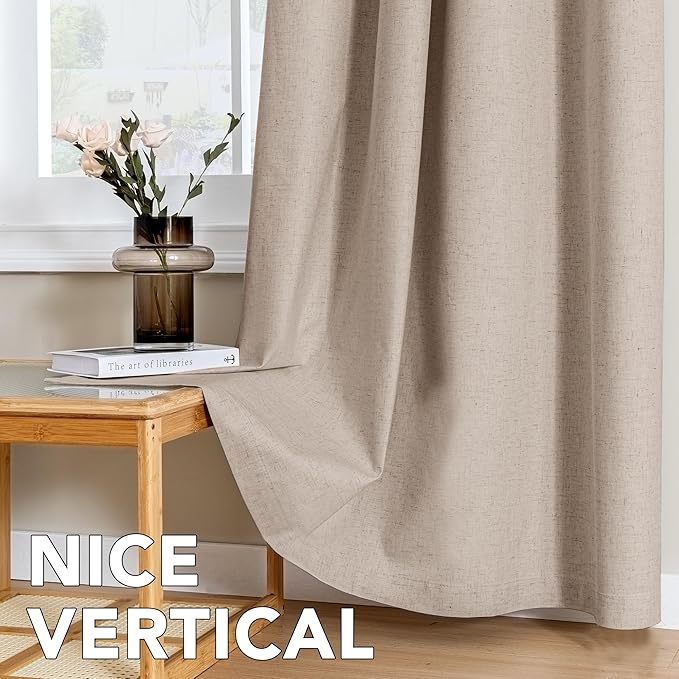 H.VERSAILTEX Linen Curtains 100% Blackout Curtains for Bedroom 63 inch Long Full Light Blocking Nature Linen Blended Window Curtains for Living Room Nickel Grommet (2 Panels, Heathered Sand)