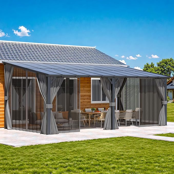 AECOJOY 20' x 10' Outdoo Gazebo for Patio with Curtains and Netting, Large Wall-Mounted Pergolas and Gazebos Clearance Hardtop 10x20 Lean to Metal Gazebo with Patio Roof, Heavy Duty Awnings for Patio