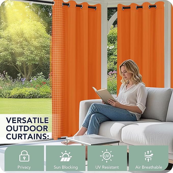 Outdoor Curtains for Patio Waterproof 6 Panels - Windproof, Privacy, Weatherproof Outside Drapes for Gazebo Pergola Porch, Grommet Top and Tab Bottom, 54x95 Inch, Mecca Orange