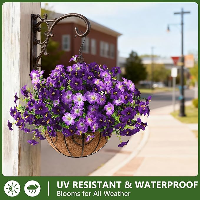 INQCMY Artificial Flowers for Outdoors Fake Plants Spring Decoration, 12 Bundles Faux Petunias UV Resistant Realistic Silk Flower for Outside Planters Patio Porch Yard Window Box (Double Purple)