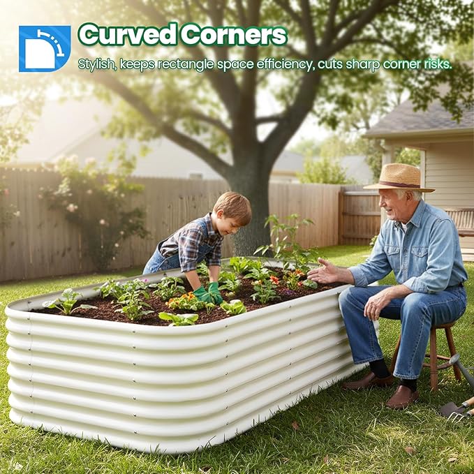 Quictent Galvanized Tall Raised Garden Bed Kit, 8x4x2 ft Oval Large Planting Box, for Vegetables Outdoor Strengthened by Crossbar (Beige)