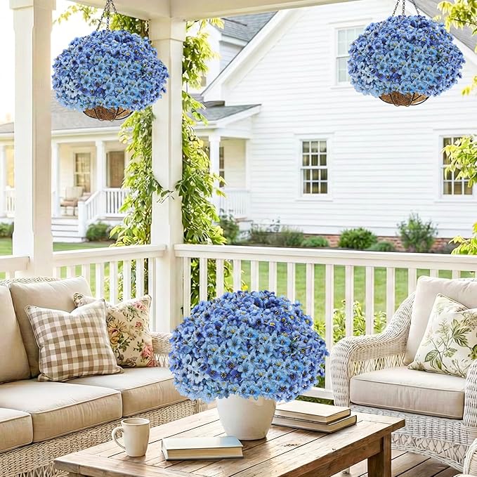60 Pack Artificial Flowers for Outdoor Indoor Fake Plants, Faux Silk Flowers for Outdoors Outside Front Porch Hanging Planter Window Box Garden Spring Decoration(Blue)