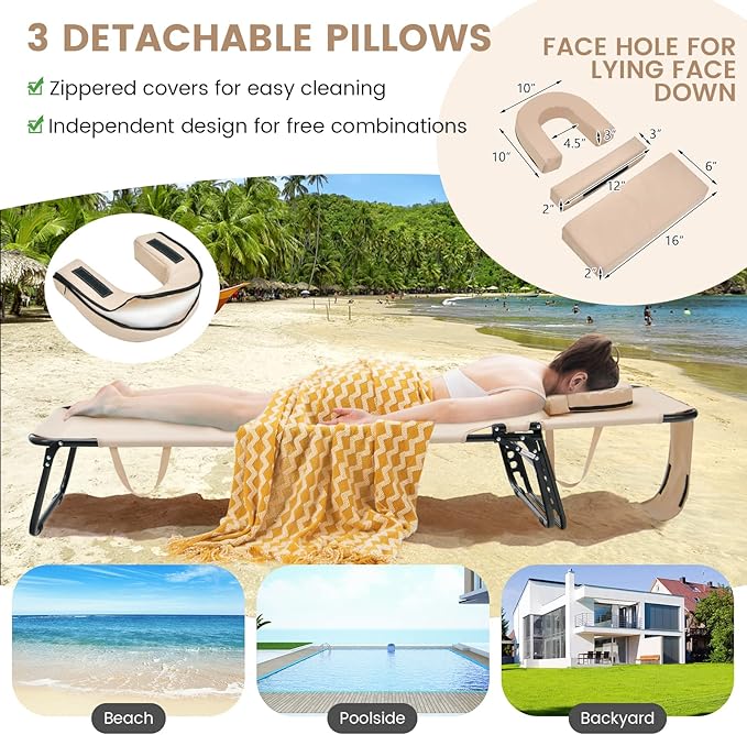 GYMAX Tanning Chair, 350lbs Beach Lounge Chair with Face Hole, Detachable Washable Pillow & Carry Strap, Adjustable Folding Chaise Lounge, Layout Chair for Outside, Patio, Poolside, Lawn (1, Beige)