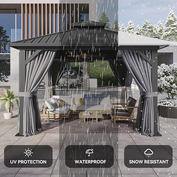 Aoxun 12'x12' Hardtop Gazebo, Aluminum Frame Canopy with Double Galvanized Steel Roof, Outdoor Metal Pavilion with Netting, Curtains for Backyard, Patio and Deck