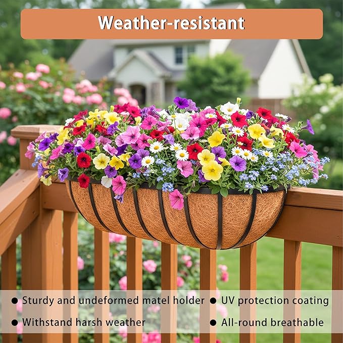 36'' Window Box Railing Planter with Coco Liner,2 Pack Horse Trough Planters Black Metal Hanging Flower Planters Basket for Porch Fence Patio Indoor Outdoor Lawn