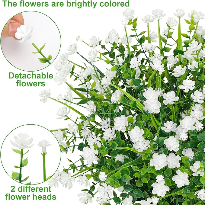 20 Bundles Artificial Flowers for Outdoors Fake Plastic Flowers UV Resistant Realistic Faux Plants Shrubs for Spring Summer Garden Porch Yard Patio Planter Window Box Home Decor, White
