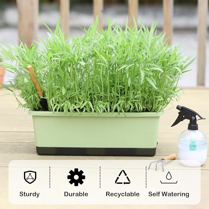 Window Box Planter 8 Pcs, 17 Inches Rectangle Flower Pots with Drainage Holes & Trays, Vegetable Planters for Windowsill Patio Garden Balcony Home Indoor Outdoor (Light Green, 16 * 7 * 6 inch)