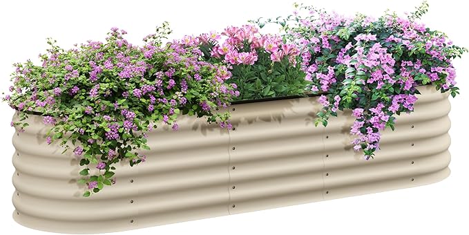 Outsunny 6.5' x 2' x 1.4' Galvanized Raised Garden Bed Kit, Outdoor Metal Elevated Planter Box with Safety Edging, Easy DIY Stock Tank for Growing Flowers, Herbs & Vegetables, Cream