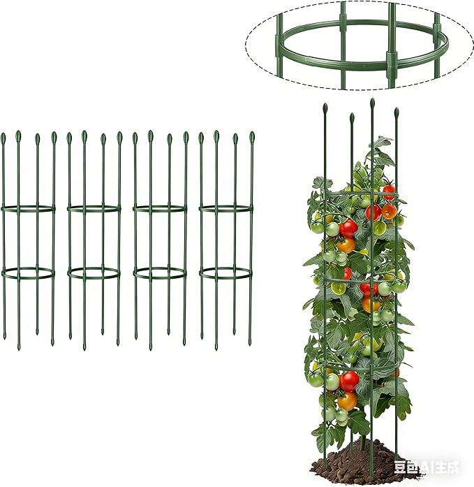 Round Heavy Duty Tomato Cage - 55 Inch Steel Core Plastic Coated Garden Trellis, 4-Post Rustproof Plant Support for Tomato/Cucumber/Beans, No Tools Snap Assembly, Spare Parts Available