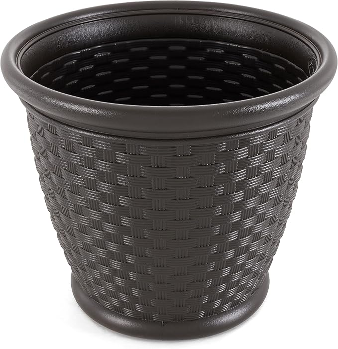 Suncast 4 Pack Sonora 18 Inch Lightweight Durable Plastic Wicker Decorative Flower Planter Pot for Yard, Garden, Indoor or Outdoor Use, Brown
