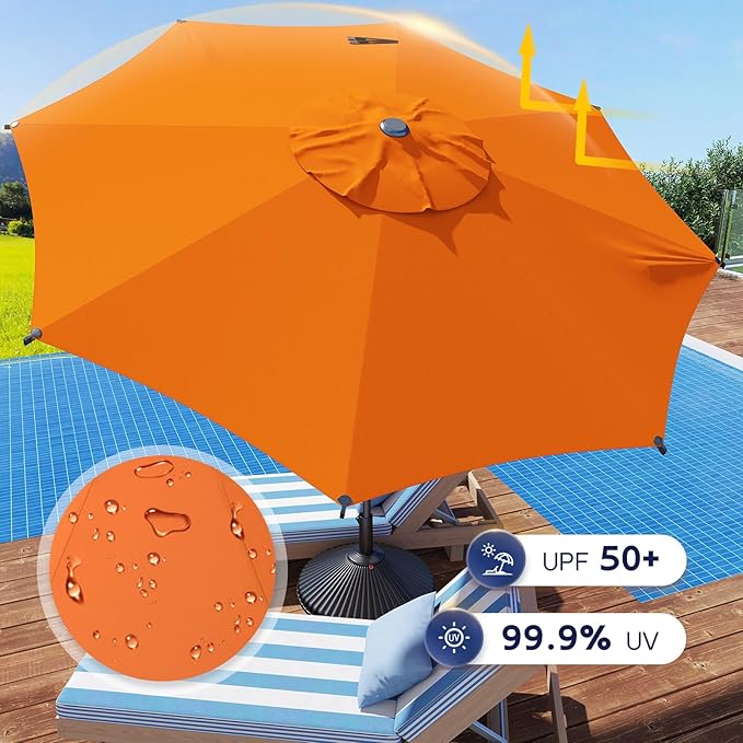 Abba Patio 9FT Lyon Outdoor Patio Umbrella Outdoor Table Umbrella with Crank Market Umbrella 8 Sturdy Ribs UV Protection Waterproof and Push Button Tilt for Garden Deck Backyard Pool,Orange