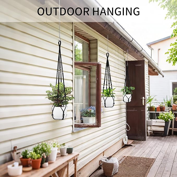Macrame Plant Hanger - Fits 4 to 15 inches Pots for Indoor Outdoor, 43"/35"/29" Different Sizes Set, Black (POTS NOT Included)