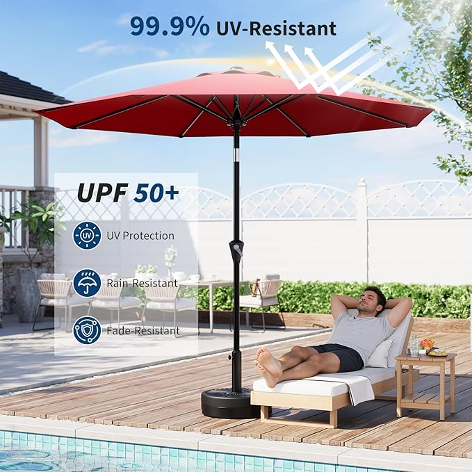 Garvee 10FT Patio Umbrella - Outdoor Table Umbrella with Smooth Crank Lift, Push Button Tilt and 8 Sturdy Ribs - Market Umbrella UV Protection Waterproof for Pool, Deck, Yard, Garden (Red)