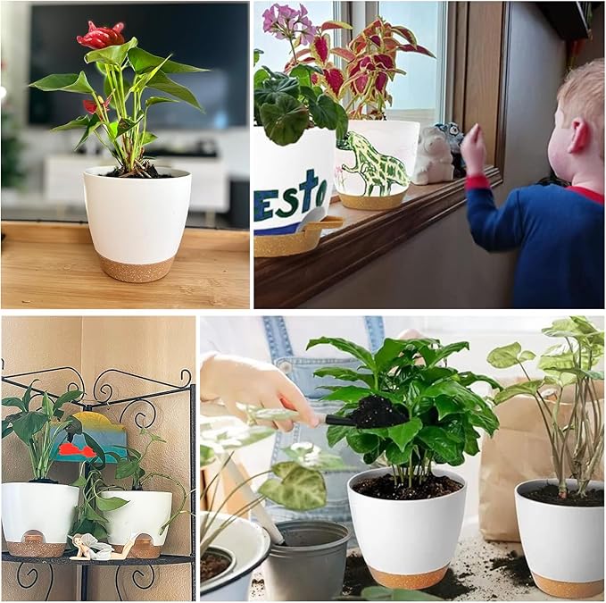 Self Watering Planters with Drainage Holes Reservoir,Nursery Planting Pot for Indoor Decor Garden Plants Succulents,Snake Plant, African Violet,Plastic Flower Pots Set 7+6.5+6+5.5+5 Inch (White)