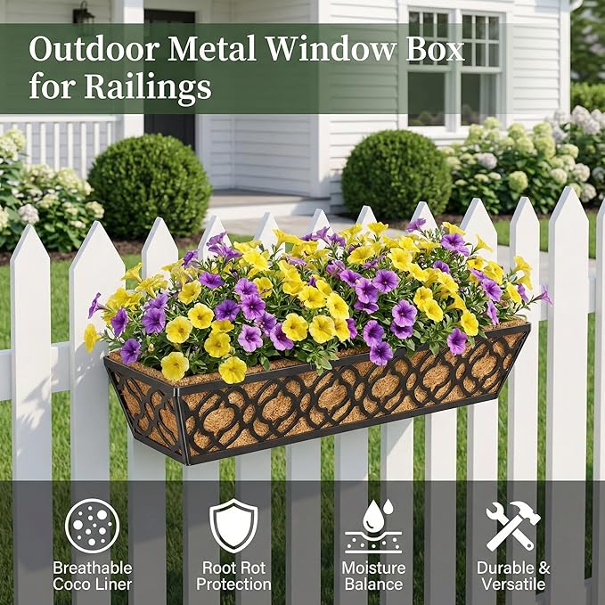 HFHOME 2 Pcs 30" Window Box Deck Railing Planter with Horse Trough Coco Liners, Black Metal Hanging Flower Planters Baskets for Indoor, Outdoor, Balcony, Porch, Fence, Patio, and Lawn