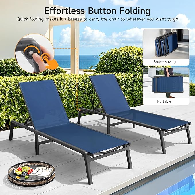 Aluminum Chaise Lounge Chair Outdoor, Foldable & Assembly Free Outdoor Lounge Chair with 5 Position Adjustable Backrest, Patio Pool Lounge Chairs for Outside Poolside Beach Lawn, 1PC, Navy Blue