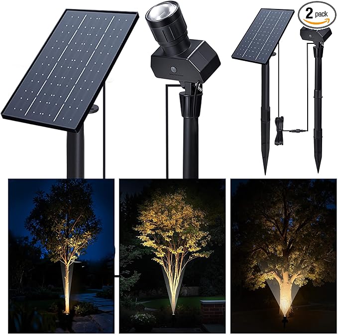 Solar Spot Lights Outdoor, Adjustable Angle Waterproof Landscape Spotlight, All Night LED Uplights Separate Panel, Warm & Daylight Selectable (3000k/4500k/6500k) for Tree Yard Garden 2 Pack