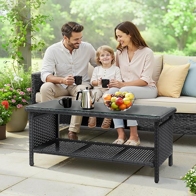 VINGLI Outdoor Wicker CoffeeTable Patio Coffee Tables for Outside, Tempered Glass Top Wicker Table with Storage Coffee Table for Patio Balcony Porch Deck (Black)